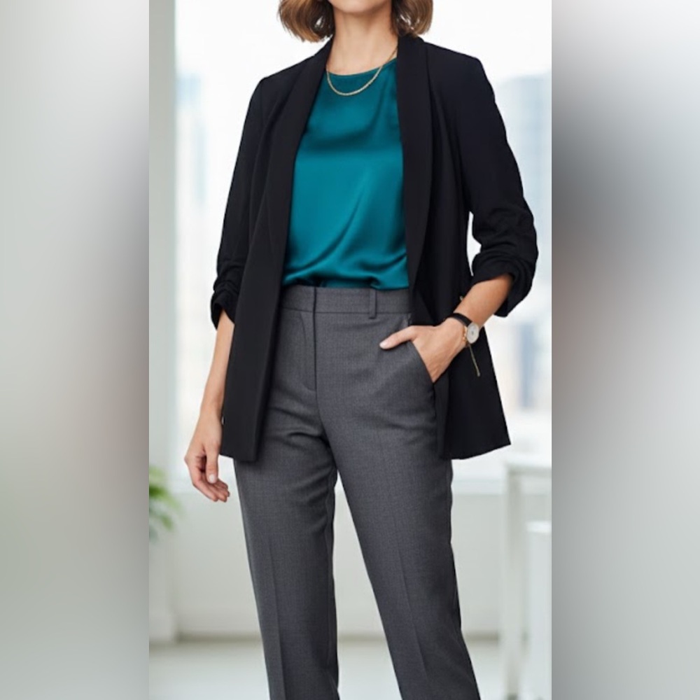 Anne Klein‎ Black Blazer Women’s Scrunch Sleeve Open Front Jacket Sz Small